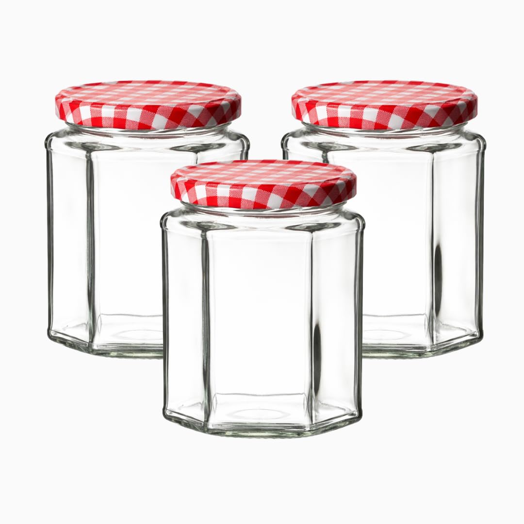 280ml Hexagonal Glass Jar with Twist-Off Lid available in Gold, Black, Silver, Red and white Gingham and Blue and white Gingham (24, Red Gingham)