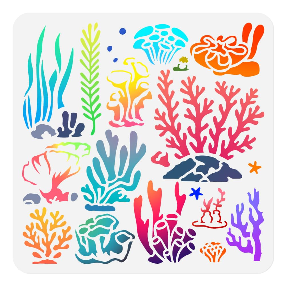 DOODLREAM 12 Styles Coral Seaweed Stencil for Painting, 11.8"x11.8"Reusable Seagrass Sea Plants Stencil Drawing Template, DIY Craft Paint Template for Wall Home Decor Wood Burning Card Journal Fabric