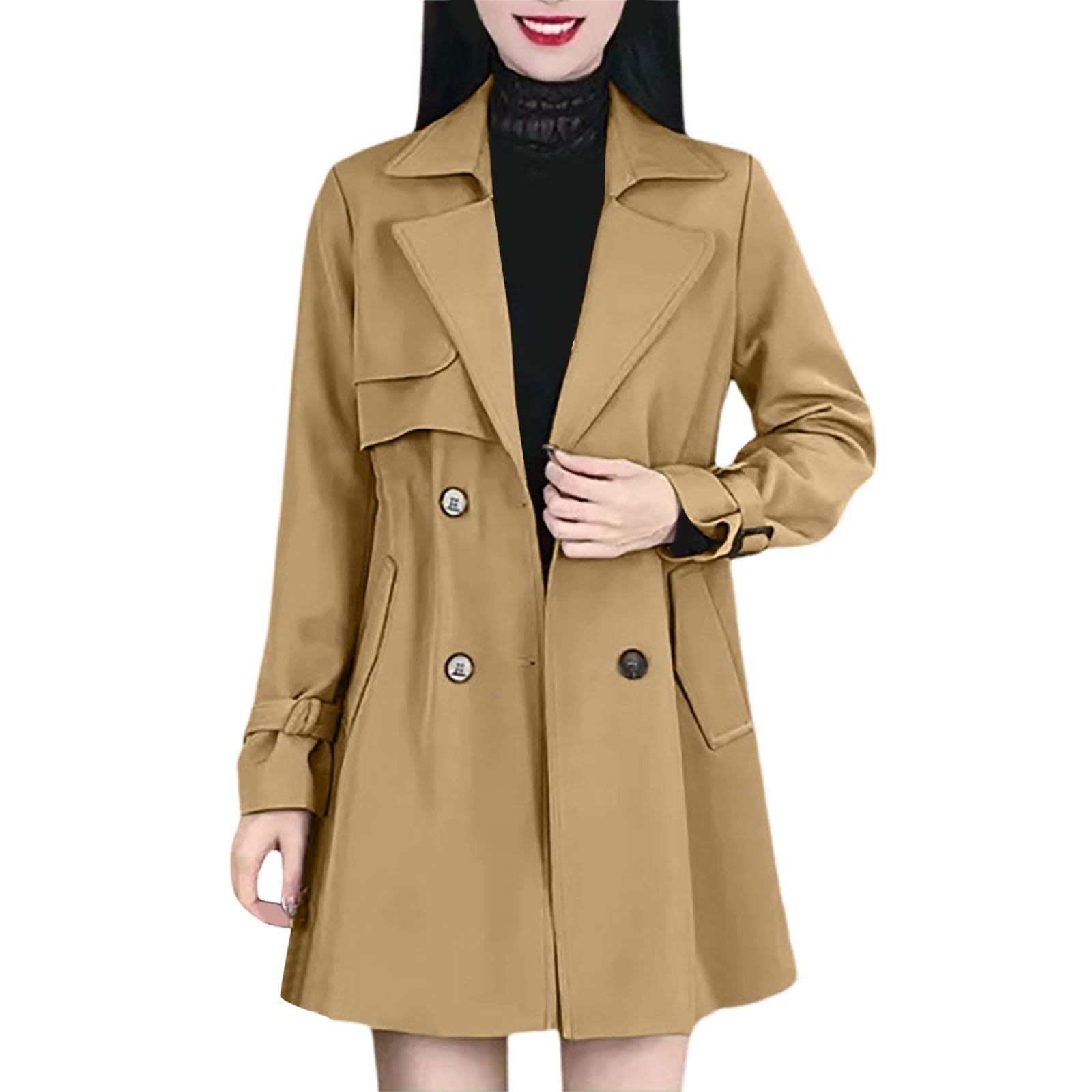 Trench confortable à revers cintré manteau léger à double boutonnage mi-long manteau mince mi-long veste softshell femme coupe droite, kaki, S