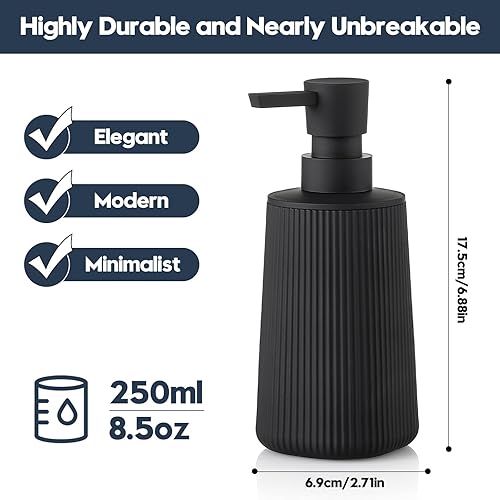 Miniatura 6 de Dispensador de jabón pequeño para baño y cocina, dispensador de jabón de manos de plástico moderno estilo granja a rayas con bomba, color negro mate