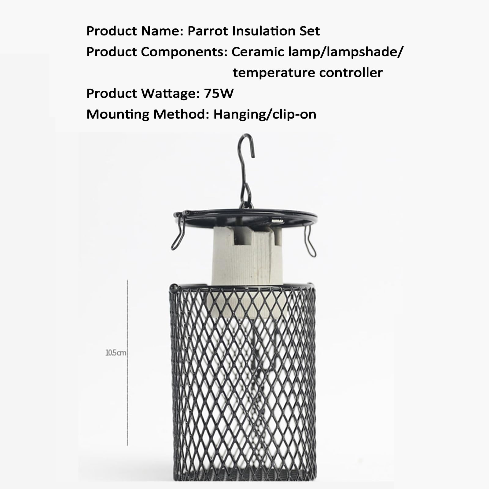 Lampa grzewcza dla papug, bezświetlne, ceramiczne światło cieplne, osłona klosza klatki siatkowej, lampa 75 W + klosz + sprężyna zapobiegająca żuciu, do żółwia, węży, jaszczurek, żab, piskląt