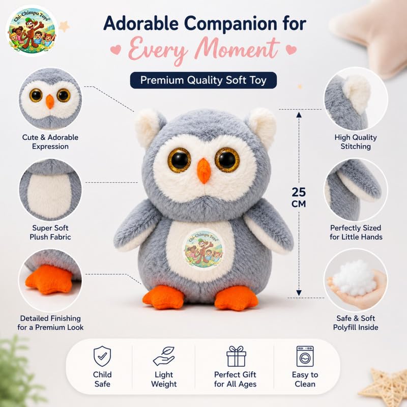Image of Owl Soft Toy 25 cm Plush Stuffed Owl Toy for Kids | Ultra Soft Owl Teddy | Cute Animal Plush Doll | Washable Cuddly Toy for Boys, Girls, Babies | Birthday Gift & Home Decor