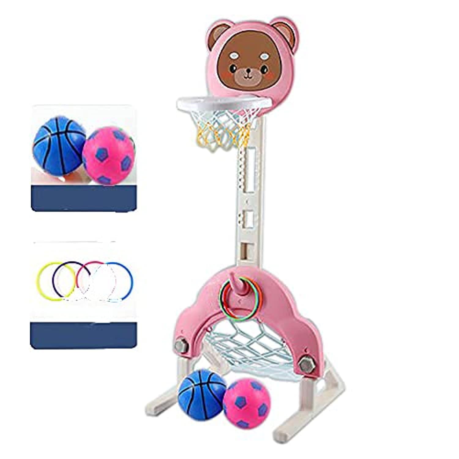 3 in 1 Adjustable Kids Basketball Hoop Toddlers Grow with Me Sports Activity Center Football Soccer Goal Ring Toss Set for Indoor Outdoor (Pink)