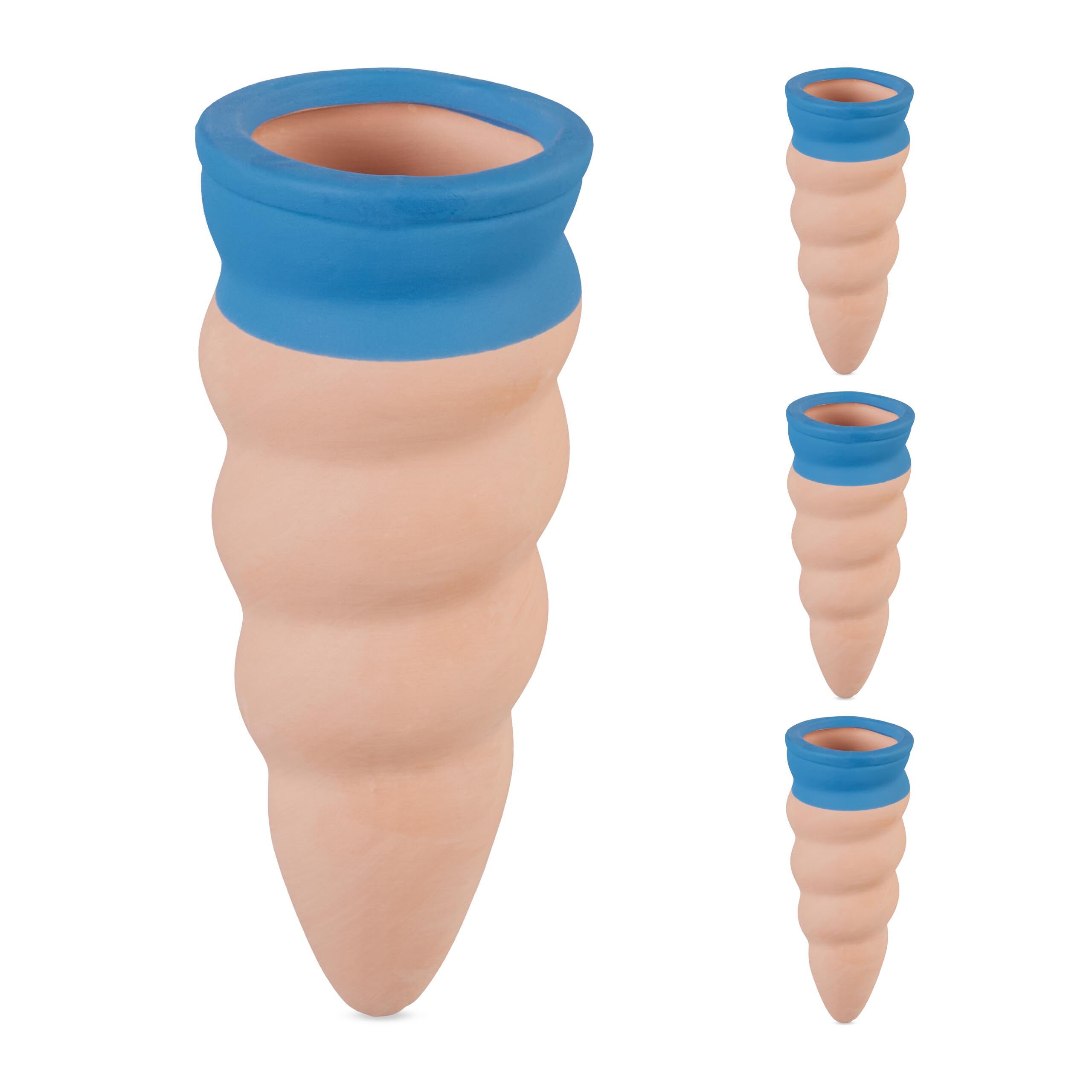 Relaxdays Watering Cones, Set of 4, 1.5 Litre Bottles, Curved Design, Clay, Irrigation for Houseplants, Terracotta/Blue