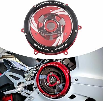 CNC Aluminum Clear Clutch Cover and Spring Retainer and Pressure Plate Kit Fits for 2015-2019 Ducati Panigale 959 1199 1299 Series Models Black Face& Red Plate