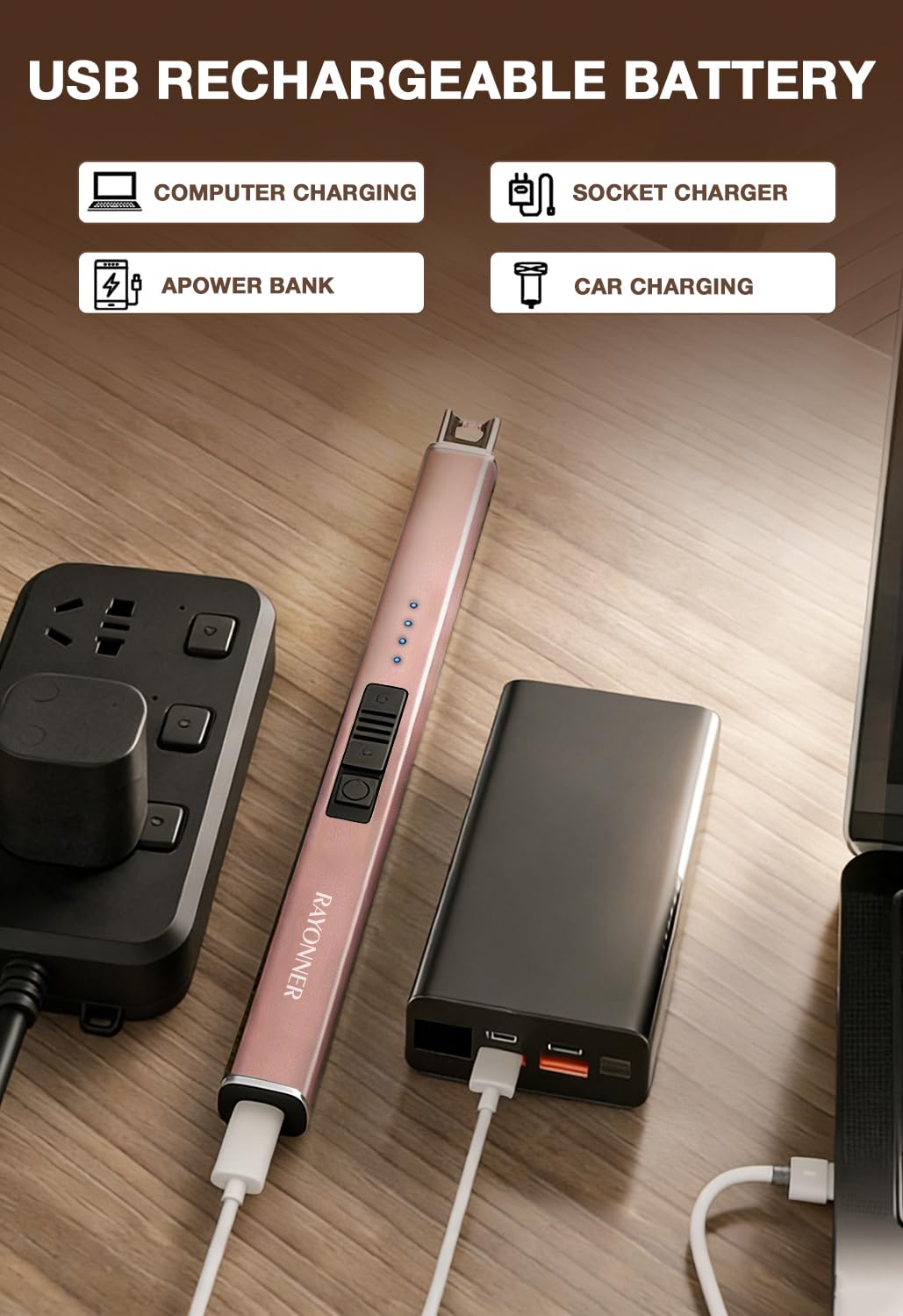 RAYONNER Briquet Electrique USB Arc Plasma Coupe-Vent Or Rose