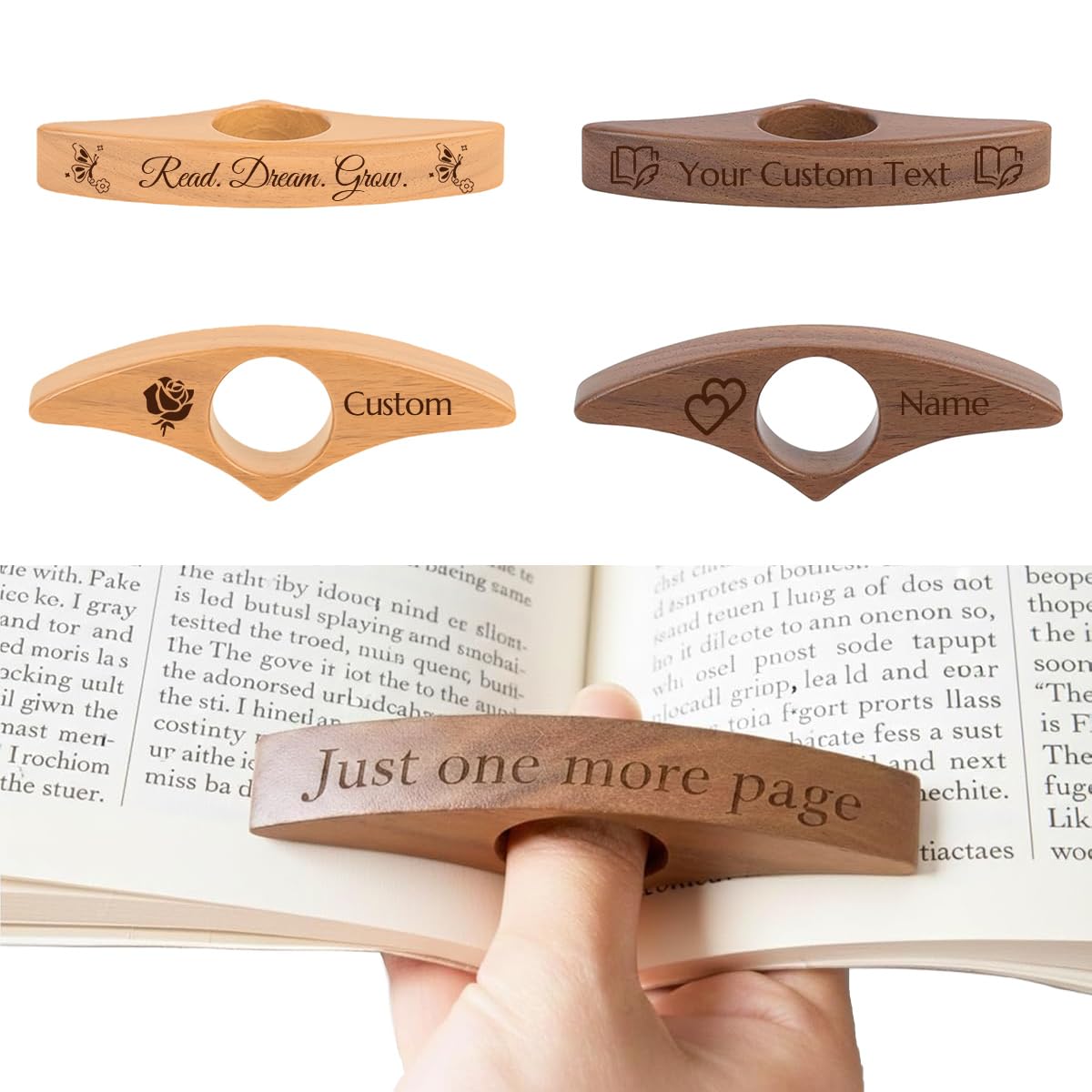 Personalized Book Page Holder Custom Wooden Thumb Book Page Holder for Reading with Engraved Name/Text, Gifts for Book Lovers Readers Teachers Birthday Graduation Christmas