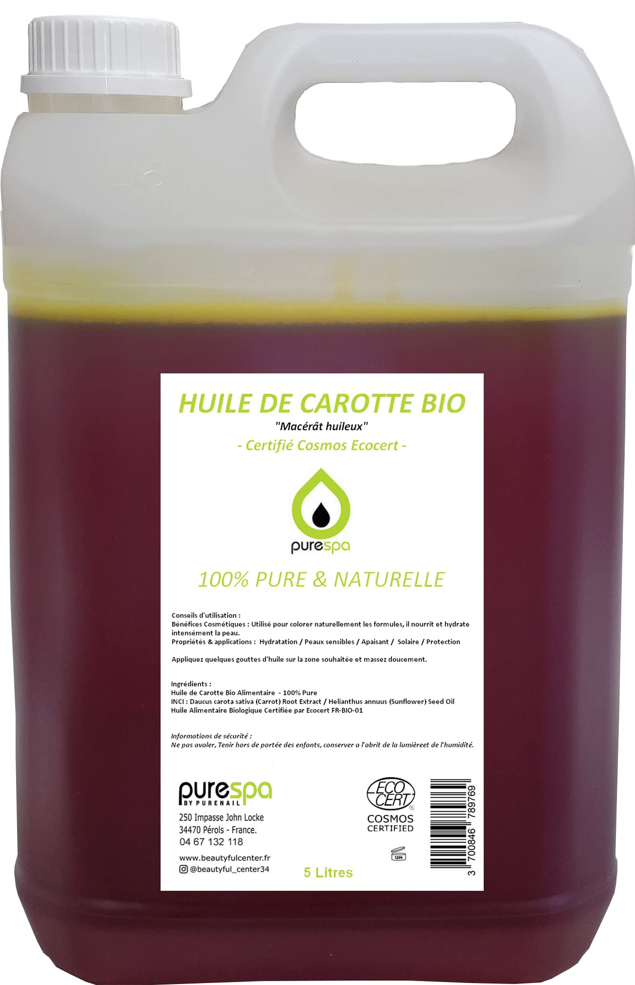 Purespa - HUILE DE CAROTTE BIO - 100% Pure Naturelle - Certifié Cosmos ECOCERT - Corps - Jerrycan (5 Litres)