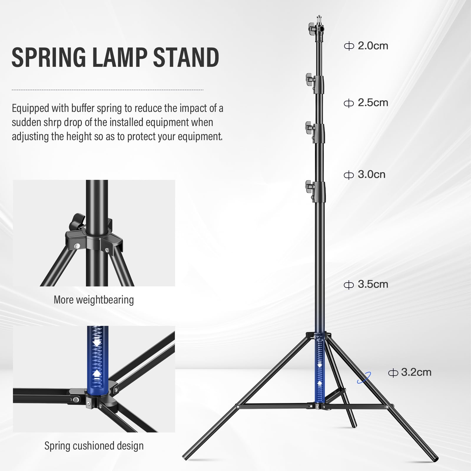 Soonpho 350cm Pro Lampenstativ Spring Luftgedämpftes Lichtstativ Metal Aluminium 3.5m max Höhe 15kg Traglast,stabil & komfortabel Leuchtenstativ für Film Fotografie Studio Outdoor Photography