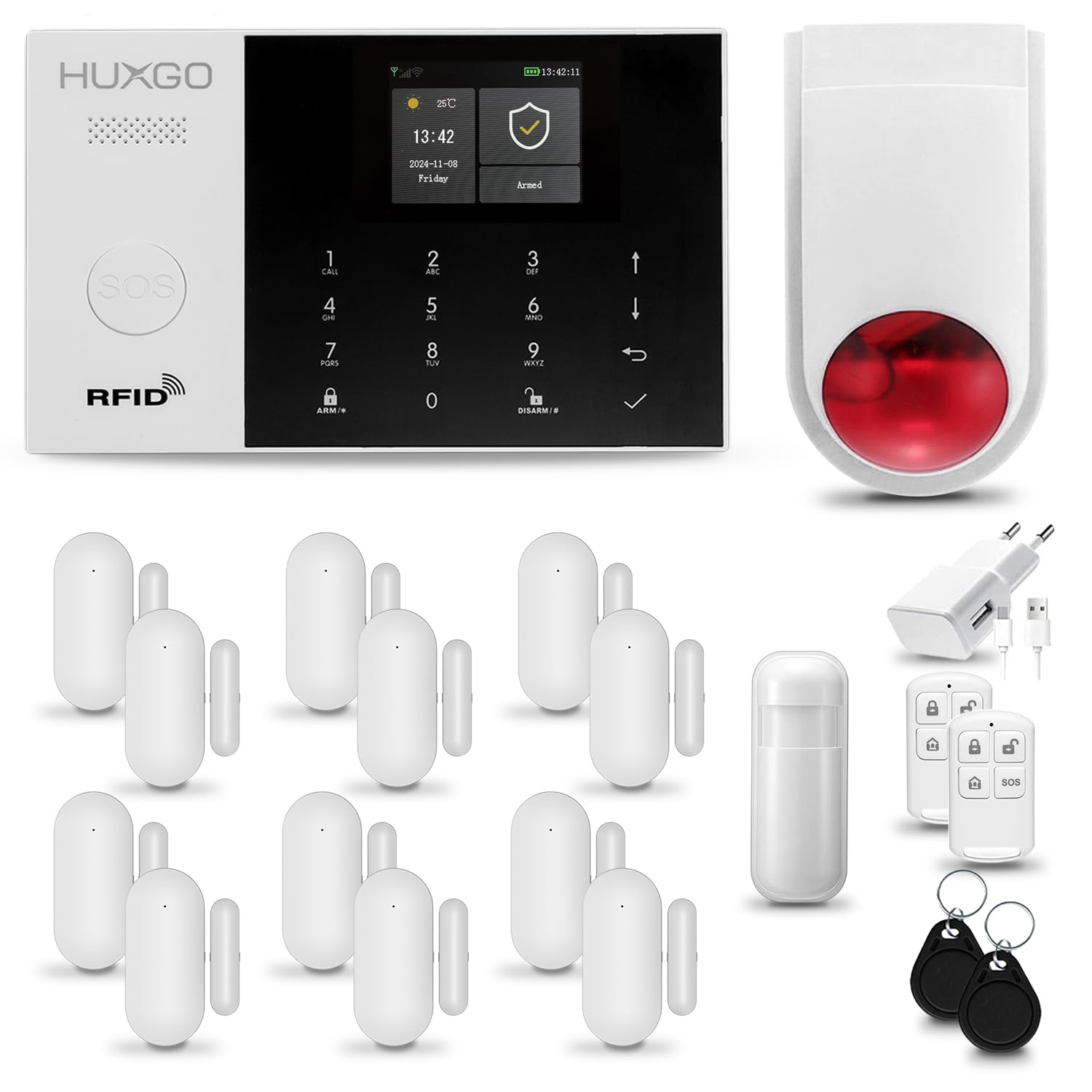 Funk Alarmanlage Set WiFi + GSM mit Alarmsirene HXA005 HUXGO® | Alarm System mit Bewegungsmelder, 12x Fensteralarm/Türsensoren | Alarmanlage fürs Haus, Wohnung, Wohnmobil | Smart Home