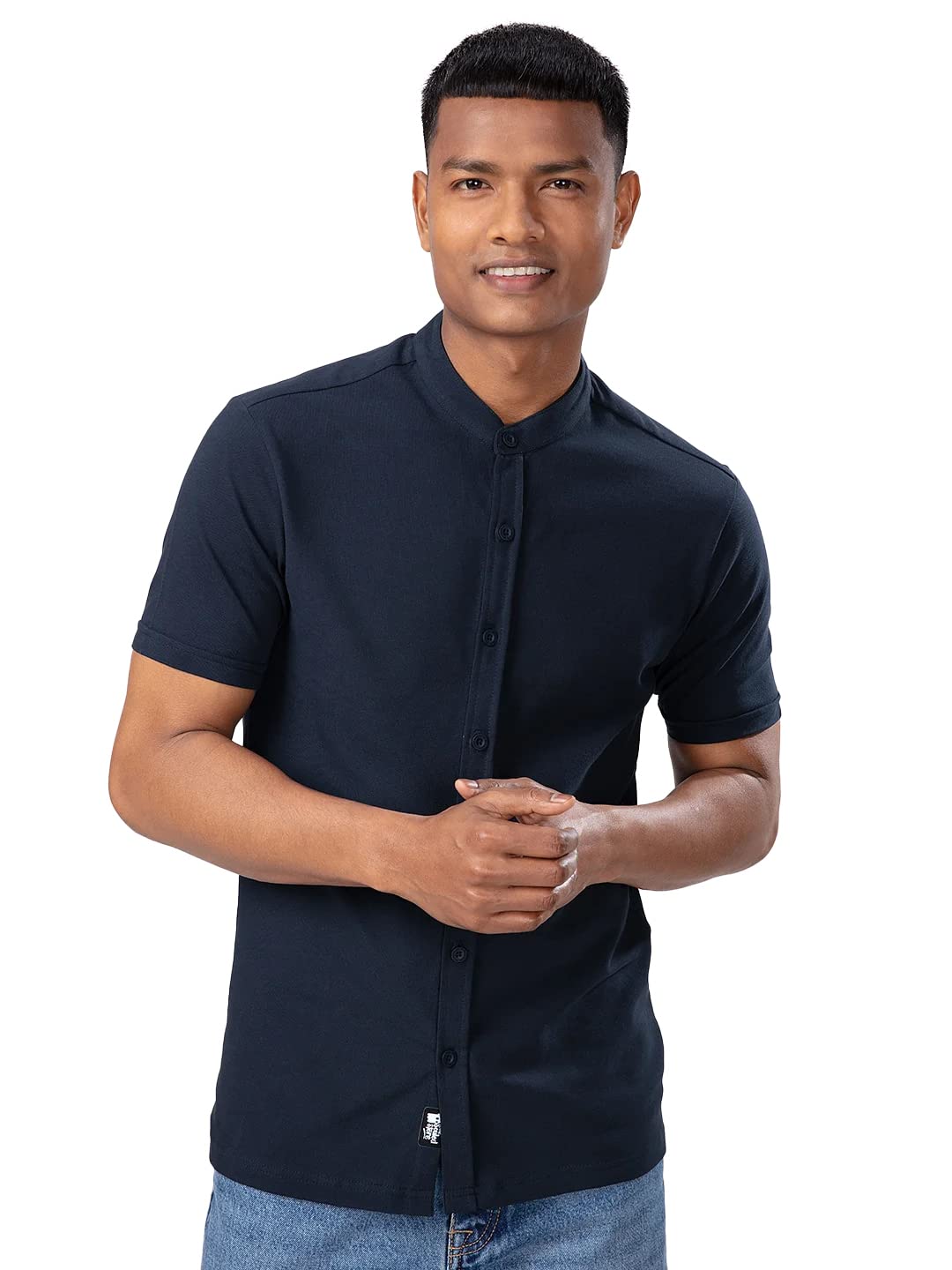 The Souled StoreMen Mandarin Navy Blue Knit Shirts Shirt for Men Casual Half Sleeves Regular Fit Printed Stylish Latest Cotton Summer Branded Wrinkle Free Trending Trendy Summer Wear