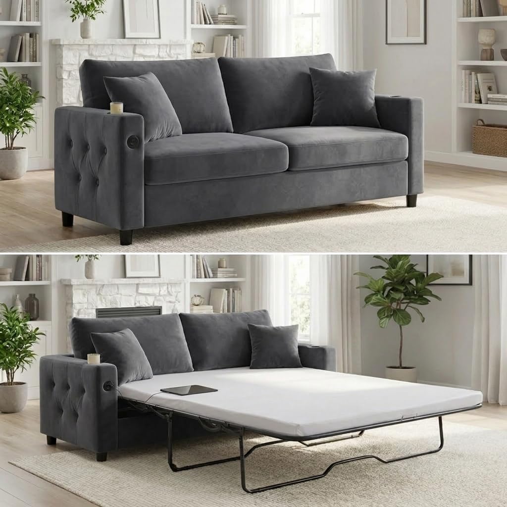 Mjkone 80" Queen Size Pull Out Sofa Bed, Velvet 2-in-1 Convertible Sleeper Sofa Bed with Memory Foam Mattress, Cup Holder, USB Charging Ports，Guest Couch Bed for Living Room, Small Spaces - Grey