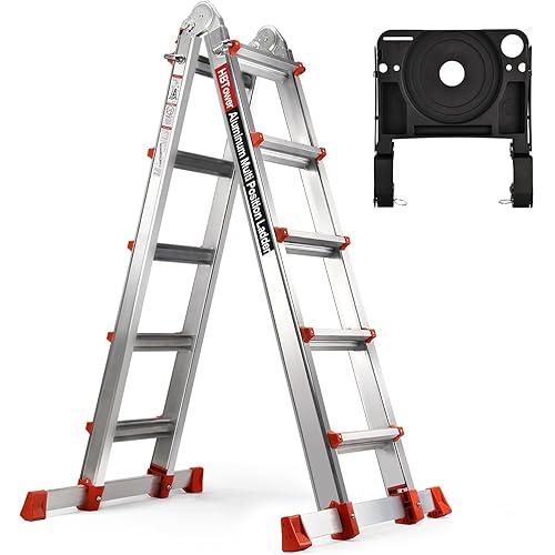 HBTower A Frame 5 Step Extension Ladder, 19 Ft Multi Position Ladder with Removable Tool Tray and Stabilizer Bar, 330 lbs Capacity Telescoping La dder for Household and Outdoor Work (Orange, 19FT)