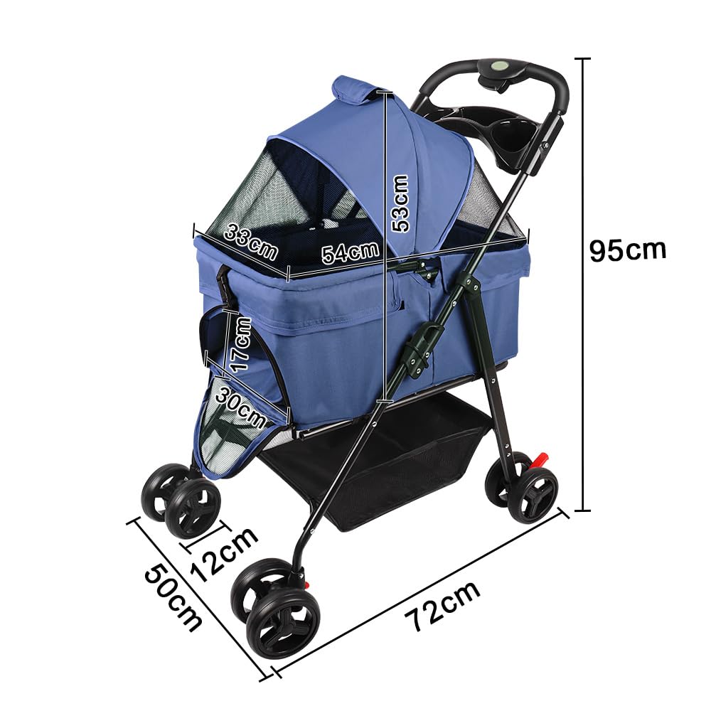 Passeggino pieghevole per animali domestici, passeggino pieghevole per animali domestici, 4 ruote per cani e gatti, cucciolo di piccole e medie dimensioni, fino a 20 kg-separabile - blu