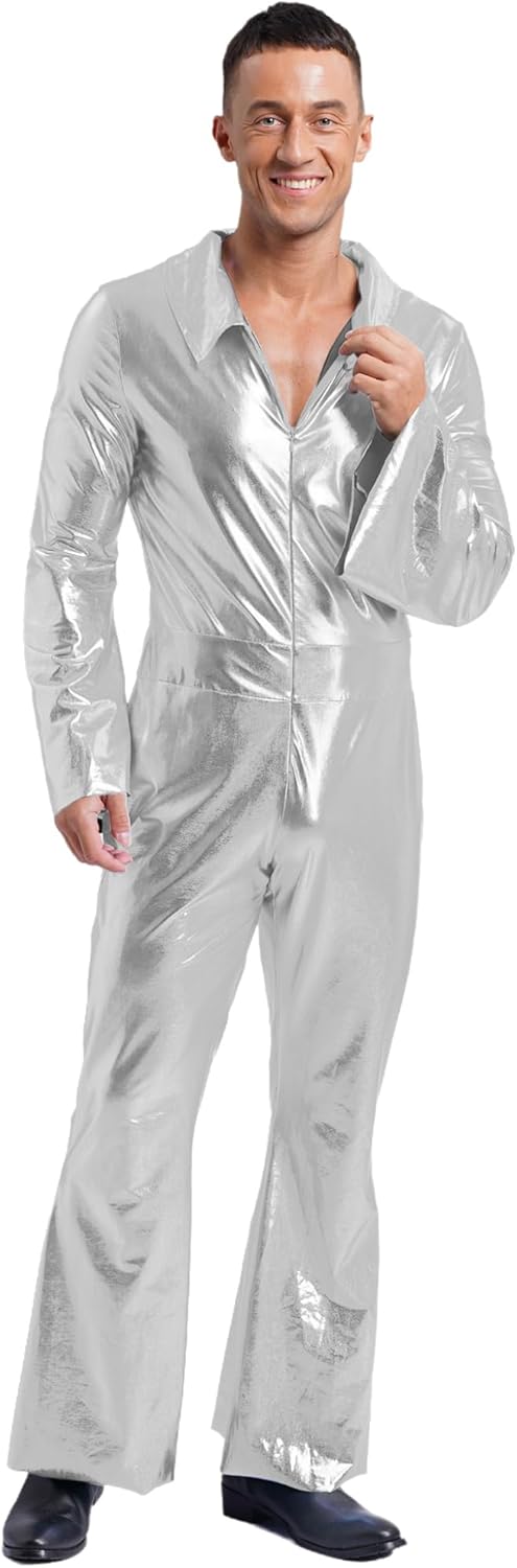 TTAO Mens 70s Disco Metallic Shiny Jumpsuit One Piece Flared Trouser Rompers Wide Leg Bodysuit Hippie Rompers