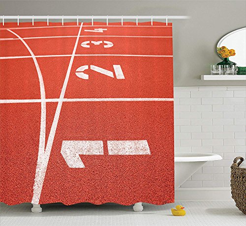 Yeuss Collezione di Decorazione di Giochi Olimpici,Close Up of Numbers on Racetrack Lines Stadio Groundwork Success Art,Tessuto in Poliestere per Bagno Tenda da Doccia,Coral White