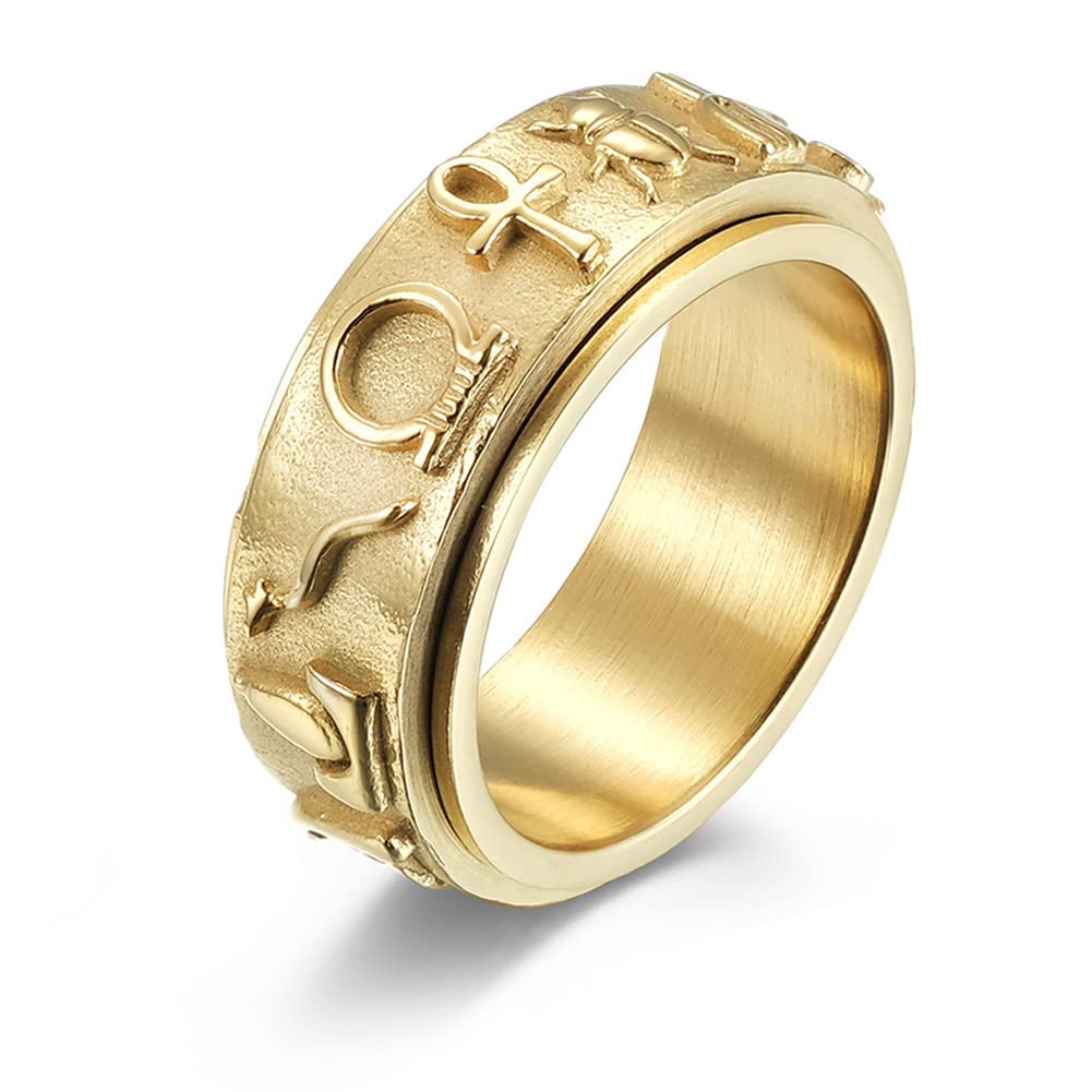 Ronglry Fidget Rings Silver Stainless Steel Spinning Ankh Cross Ring Black Anubis Eye of Horus Scarab Carved Anxiety Band Gold Ancient Egyptian Symbol Ring Jewelry Gifts for Women Men, Stainless