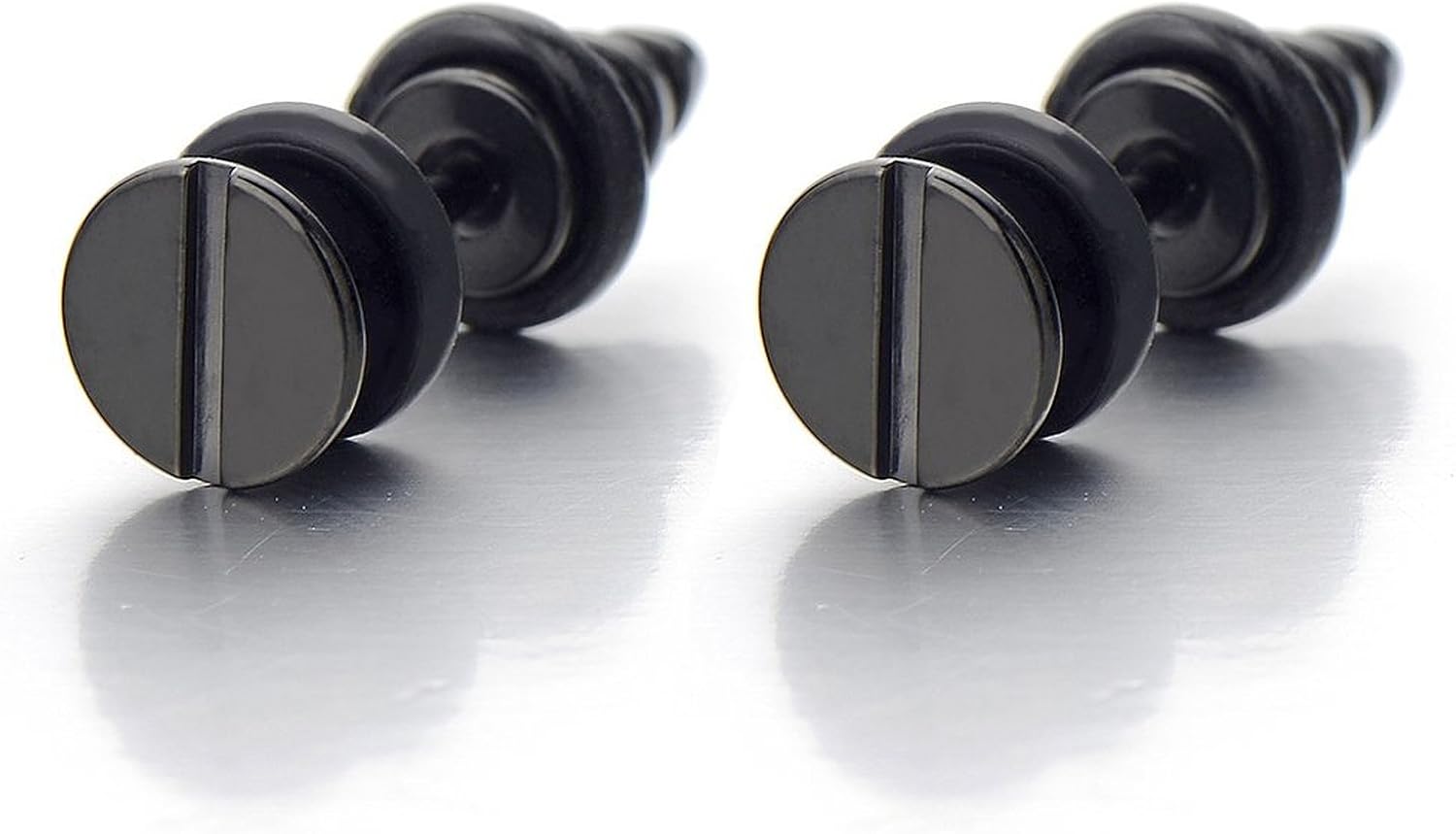7MM Cool Mens Black Stainless Steel Screw Stud Earrings, Cheater Fake