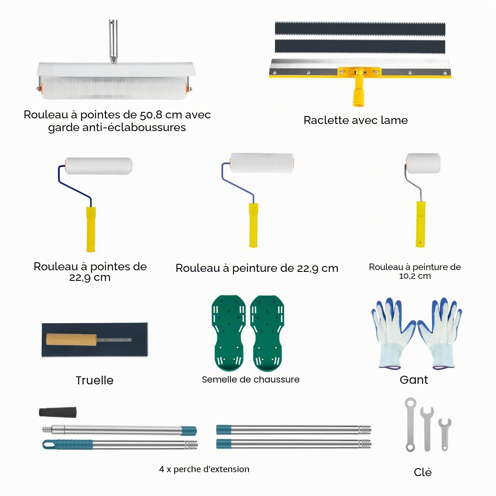 Kit D'outils de Ciment Autonivelant, Kit outils ragréage avec Rouleau Debulleur Ragreage, Rouleau Peinture, Truelle, Perche Telescopique, Autonivelant Grattoirs, Chaussures à pointes et Gants