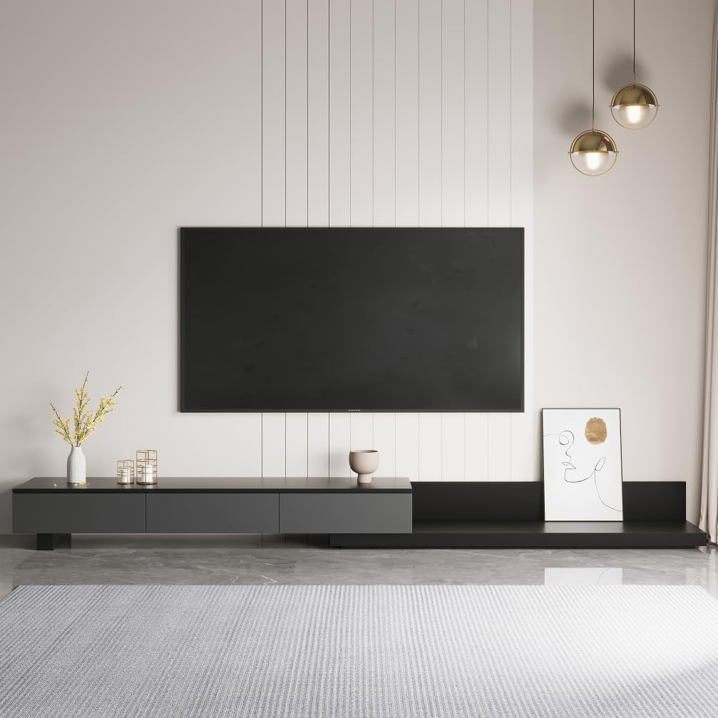 Modern Extendable TV Stand with Open Storage Area and 3 Drawers, Adjustable Media Console for Living Room and Bedroom, Fits Various TV Sizes, Stylish Entertainment Center, Black