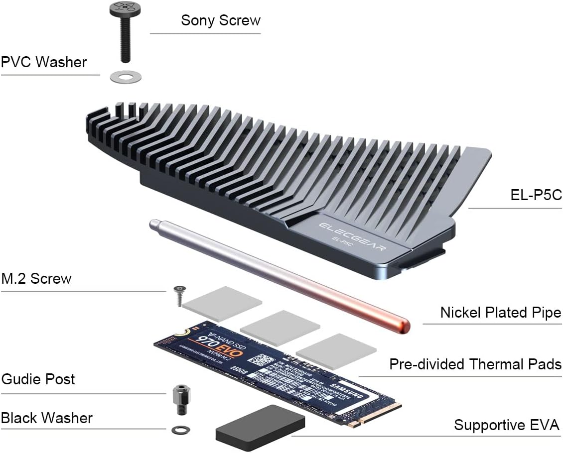 ElecGear PS5 NVMe SSD Heatsink, EL-P5C Heat Pipe   Solid Aluminum Cooler for PlayStation 5 Internal PCIe M.2 NVMe 4.0 Gen4 Memory, Re-Designed SSD Mounting Post Kit - (Not for Slim/Pro)