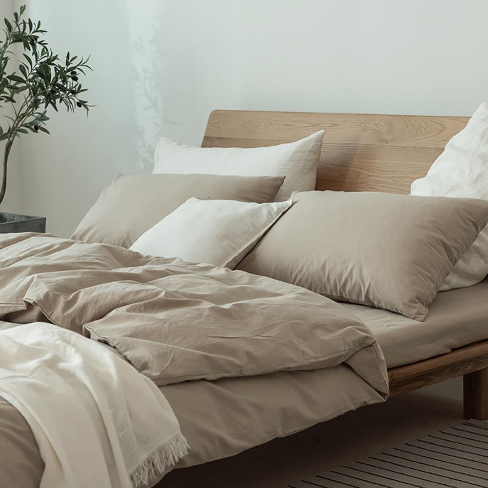 Housse De Couette 200x200 Cm 100% Coton - Motif Fleurs Roses Et Feuilles Vertes Sur Fond Beige - 3 Pièces (Housse + 2 Taies 65x65) - 11