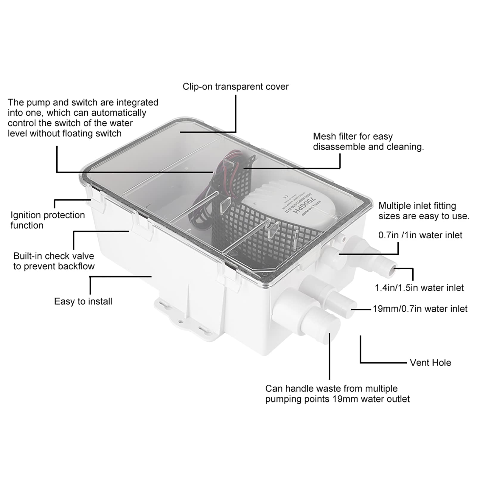 DC 12V/24V 750GPH Dusch Sumpf System, Multi Einlaß Automatischer Schalter Bilge Abfluss Box Kit für Marine Boots Yacht Wohnmobil (24 V)