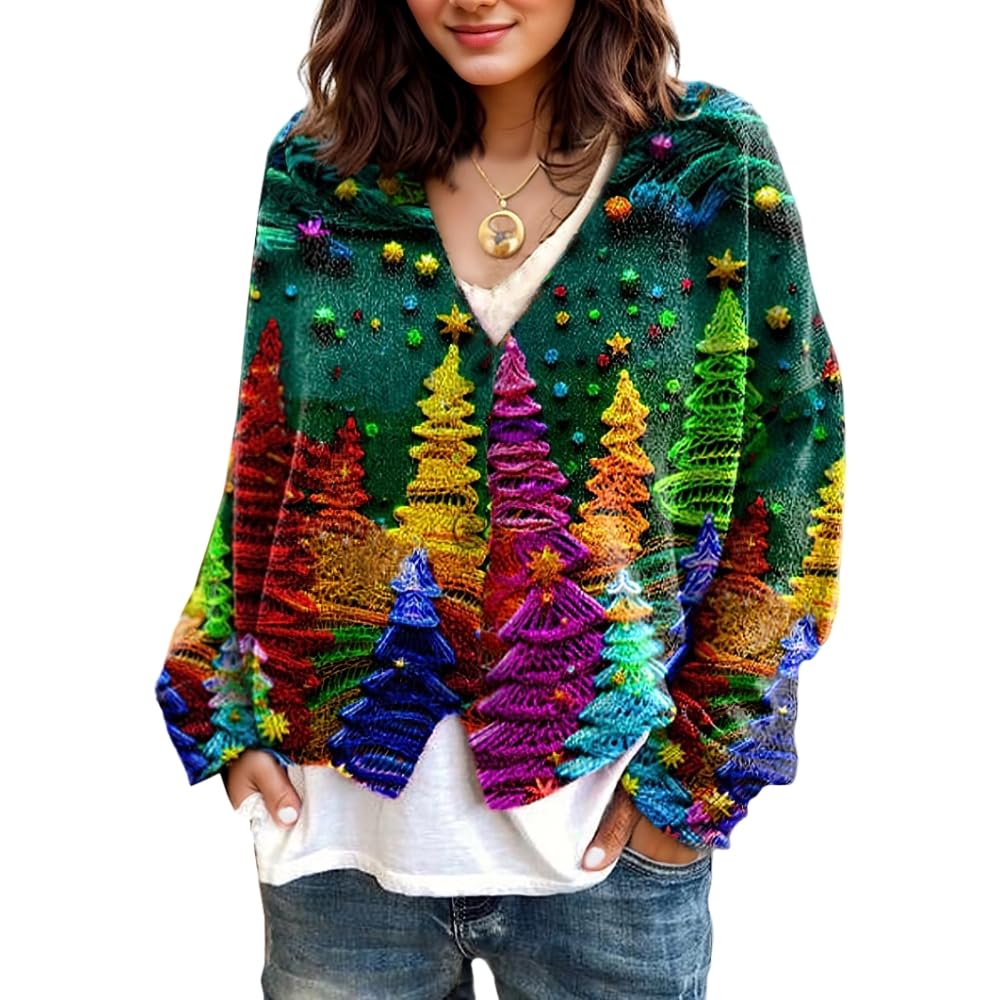 Akivide Womens Fall Cute Floral Print Button Down Cardigan Sweater Loose Casual Stretch Long Sleeve Open Front V-Neck