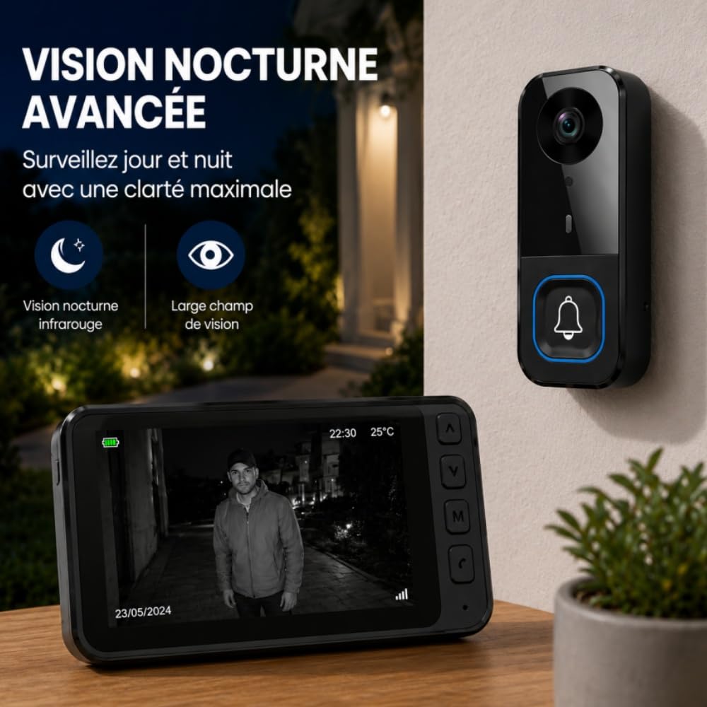 TKMARS Sonnette Vidéo 1080P avec Écran IPS 4.5 Pouces | Audio Bidirectionnel, Visiophone sans Fil 2.4 GHz, sans WiFi ni Application, Vision Nocturne IR, Étanche IP65