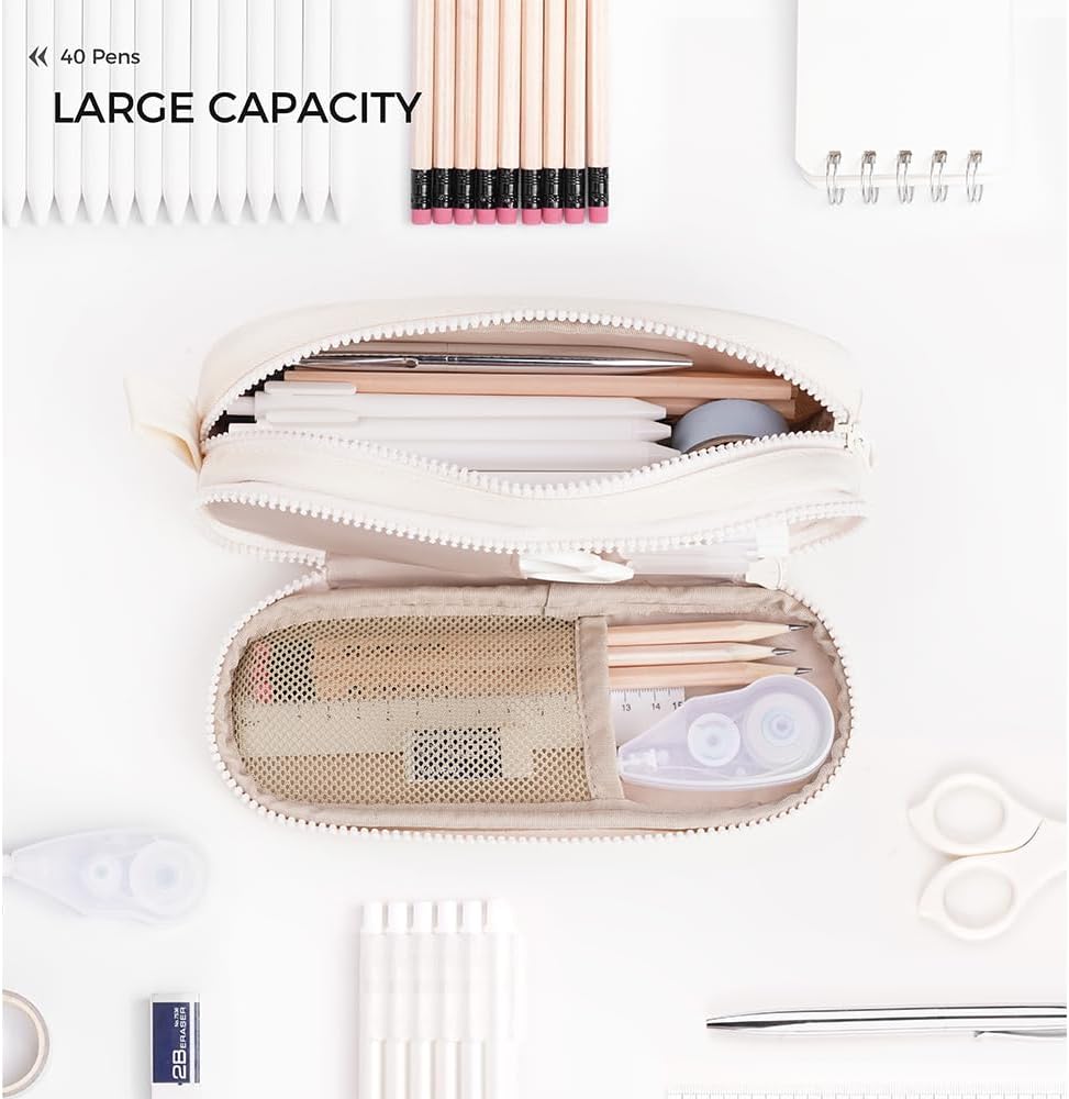 Large Capacity Pencil Case, Pure Color Pen Pouch with Multi-Slot Storage, Zipper Closure, Stationary Organizer for Adult Students Officers, Cream White