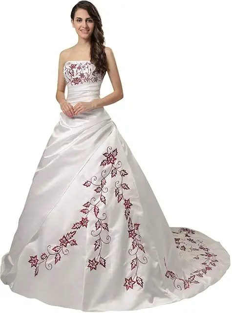 Robe de mariée satin A-ligne bordeaux brodée sans bretelles longue