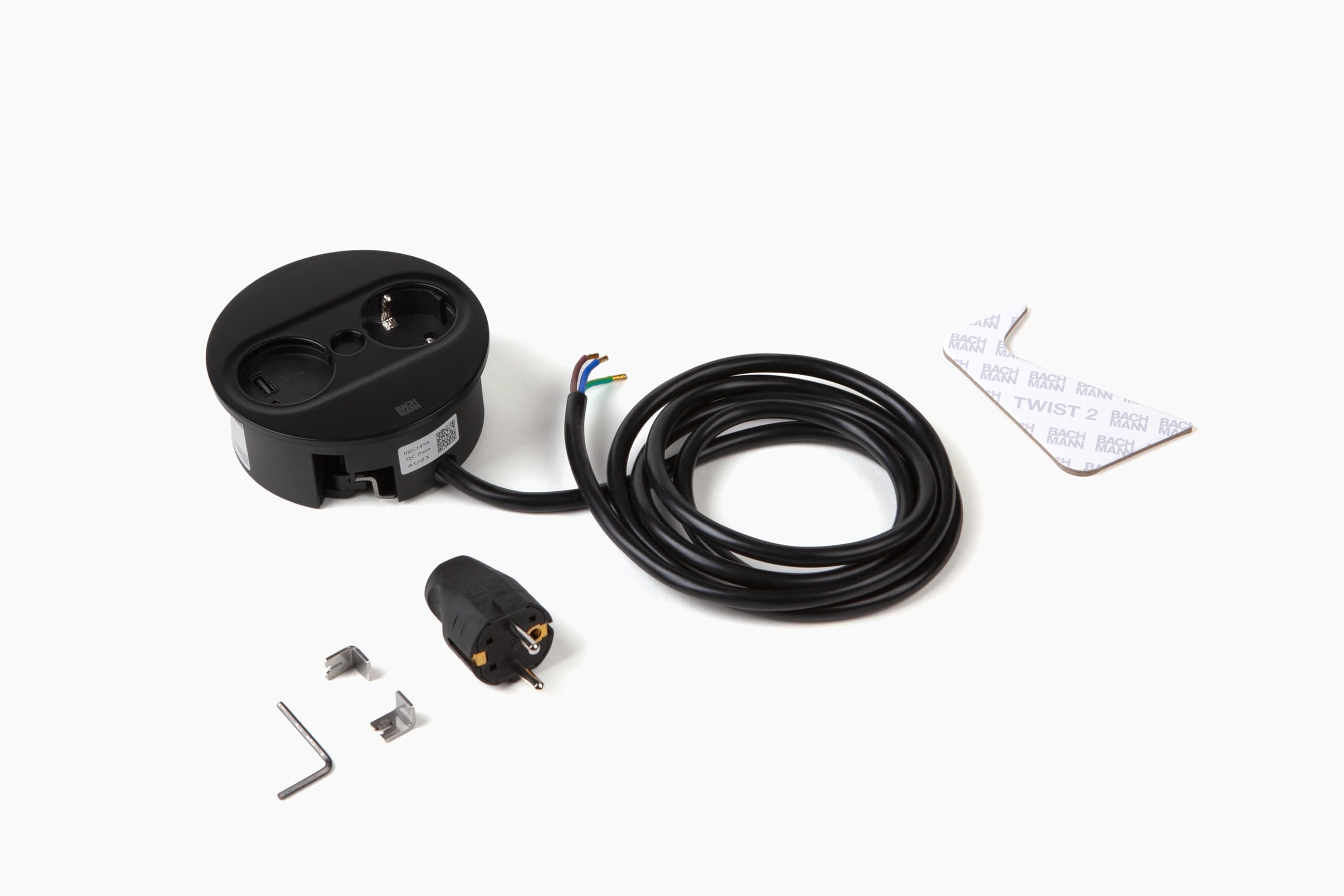 BACHMANN Gniazdko do zabudowy Twist 2, okrągłe, 1 x gniazdko z USB A i USB C, 2 m, do kuchni i biura, czarne, 946.104 (z automatycznym otwieraniem i powłoką zapobiegającą pozostawianiu odcisków palców