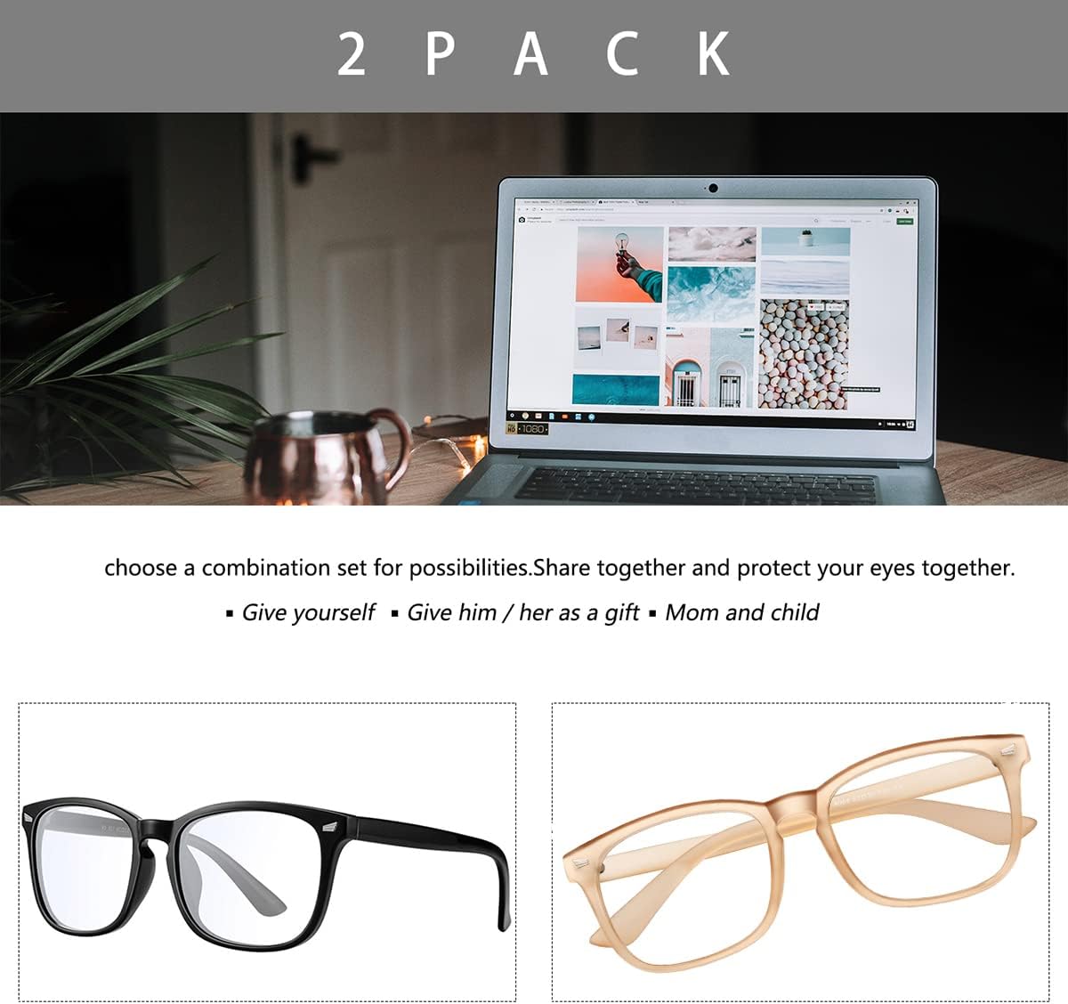 CHBP Blue-Light-Blocking-Glasses for Women Computer Glasses Man，2 Pack Gaming Eyeglasses Fashion Frame(bright black+beige)