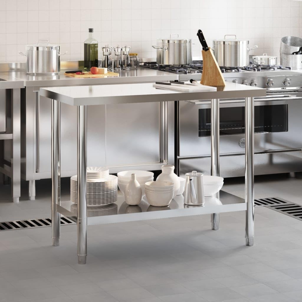 Mesa de trabajo de cocina de acero inoxidable, 110 x 55 x 85 cm, con encimera y estante, patas ajustables, ideal para suministros de gastronomía, gastronomía, restaurante, catering, hotel