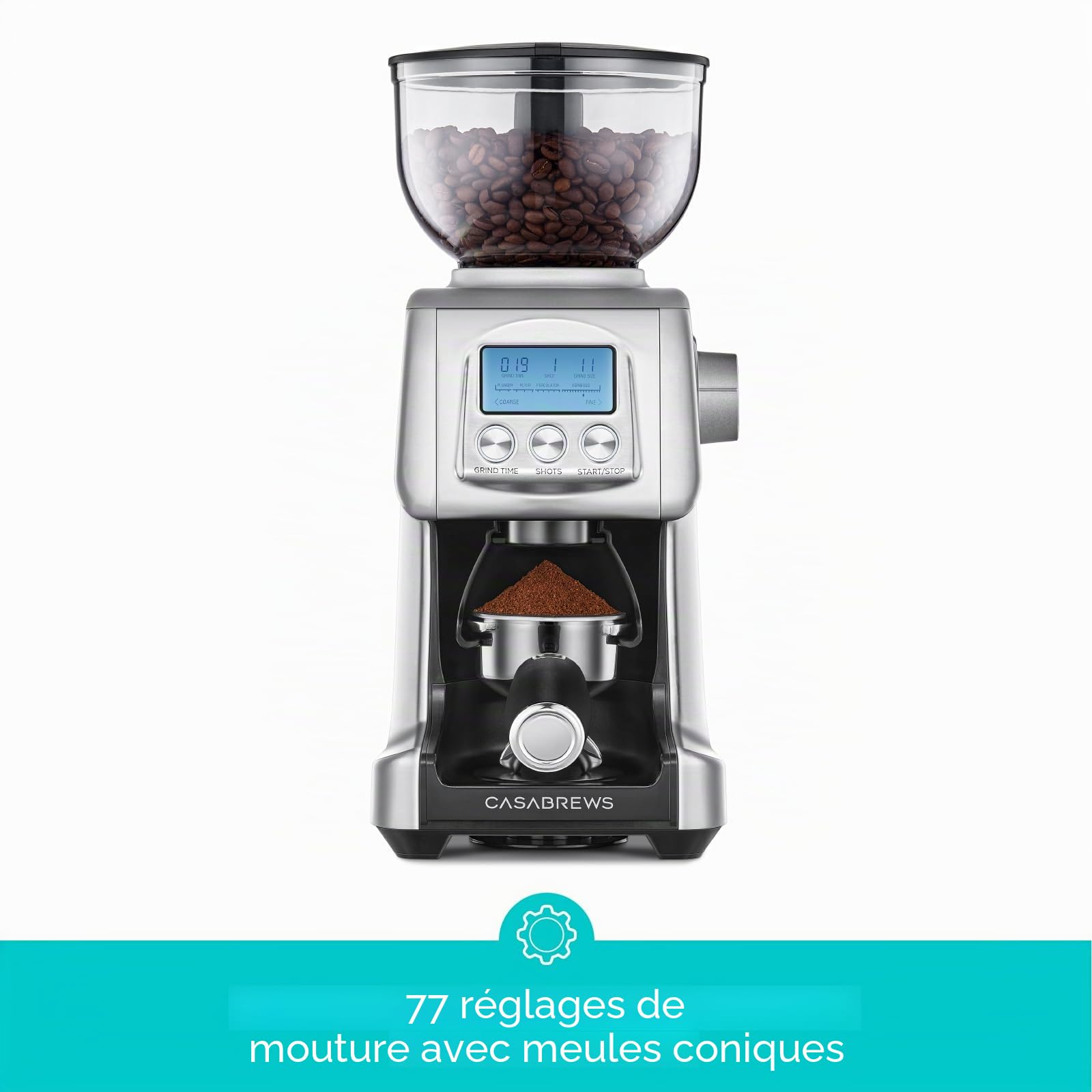 CASABREWS Molinillo à Café Électrique, Broyeur à Grains avec 77 Réglages de Mouture, Écran LCD, Réglage de la Quantité et du Temps, Support Porte-Filtre, Capacidad 400g