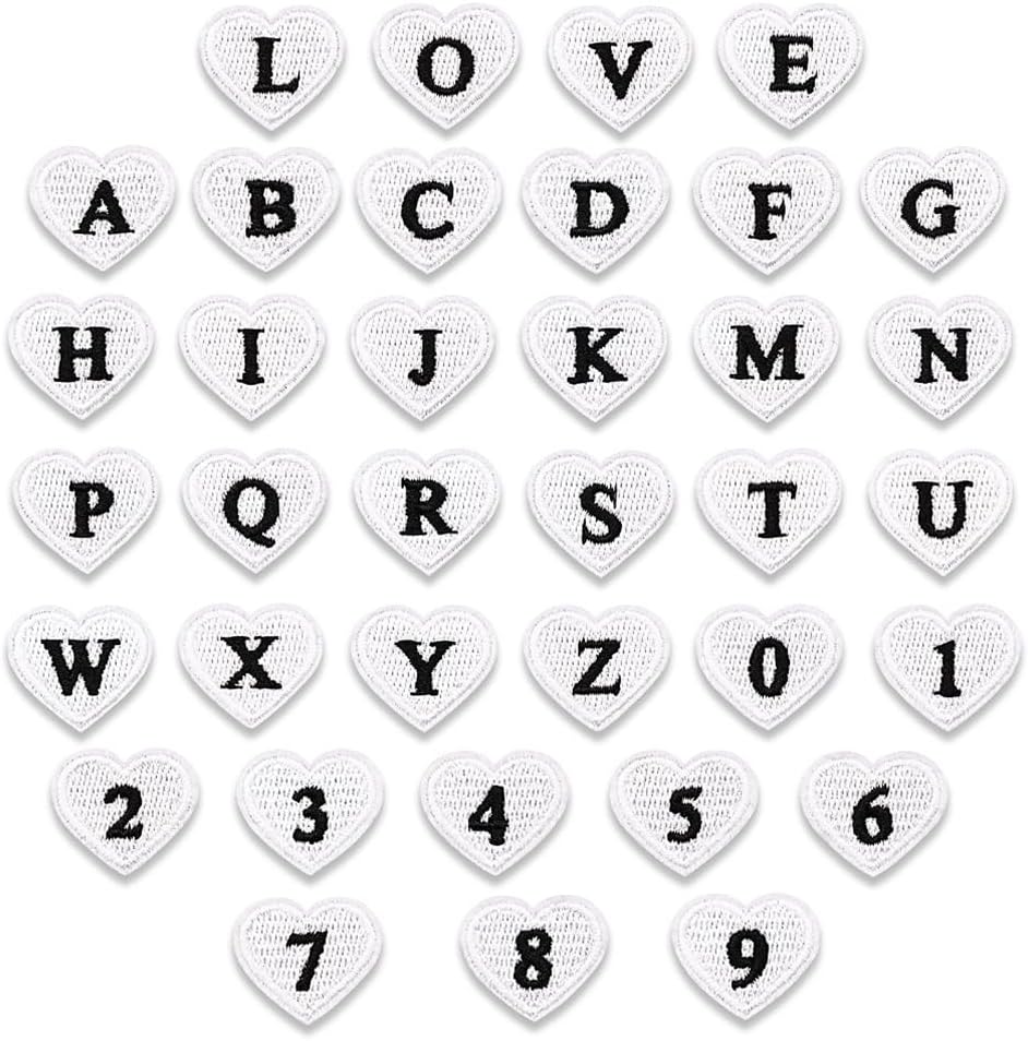 72pcs Heart Iron on Letter and Number Patches, 2 Sets A-Z Letter Patches and 2 Sets 0-9 Number Embroidered Patches for Clothes Backpacks Jackets Hats Red