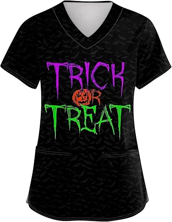OIOLOYJM Halloween Christmas Scrub Tops Women Printed V Neck Short Sleeve Plus Size Scrubs for Womens Shirts with Pockets