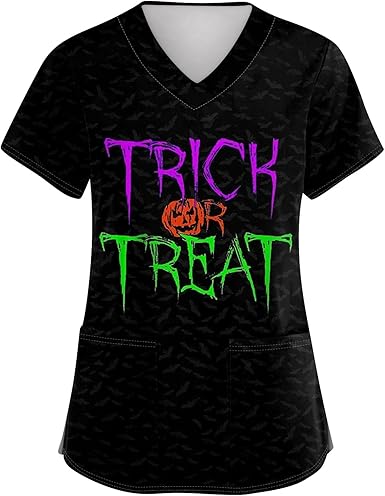 OIOLOYJM Halloween Christmas Scrub Tops Women Printed V Neck Short Sleeve Plus Size Scrubs for Womens Shirts with Pockets