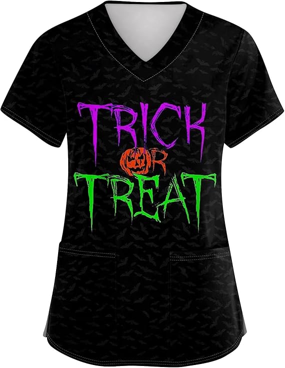 OIOLOYJM Halloween Christmas Scrub Tops Women Printed V Neck Short Sleeve Plus Size Scrubs for Womens Shirts with Pockets
