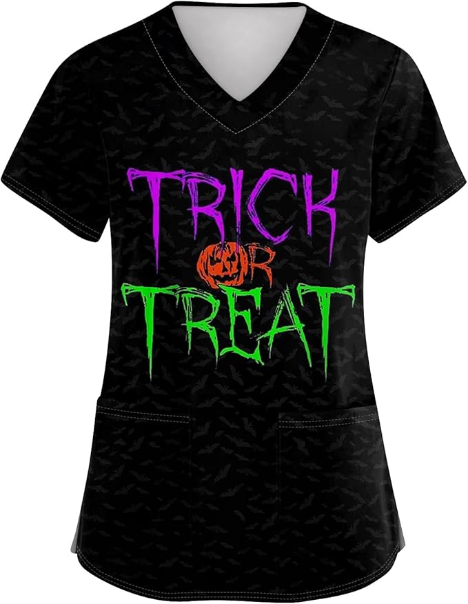 OIOLOYJM Halloween Christmas Scrub Tops Women Printed V Neck Short Sleeve Plus Size Scrubs for Womens Shirts with Pockets
