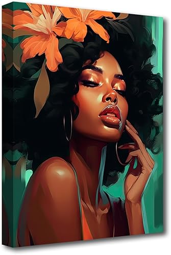 LZIMU Arte de pared afroamericano con flores sobre lienzo para mujeres y niñas negras, impresiones abstractas de niña para dormitorio, decoración