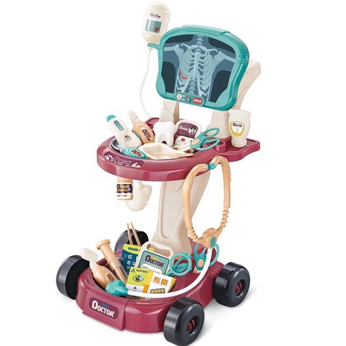 Toy Doctor Kit for Kids , Pretend Medical Station Set Trolley for Boys & Girls , 29 Accessories Mobile Cart with Lights, Eye Chart , Stethoscope, Pulse Machine，Great Gift for Toddlers