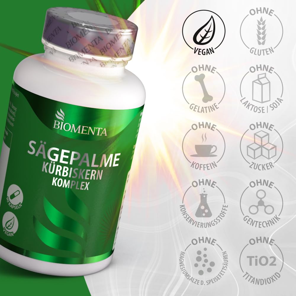 BIOMENTA Sägepalme Kürbiskern Komplex – 90 hochdosierte Kapseln - synergetischer Wirkstoffkompex + Cranberry, Tomate, Brennessel, Lutein, Zeaxanthin, Feigenkaktus + Zink & Selen