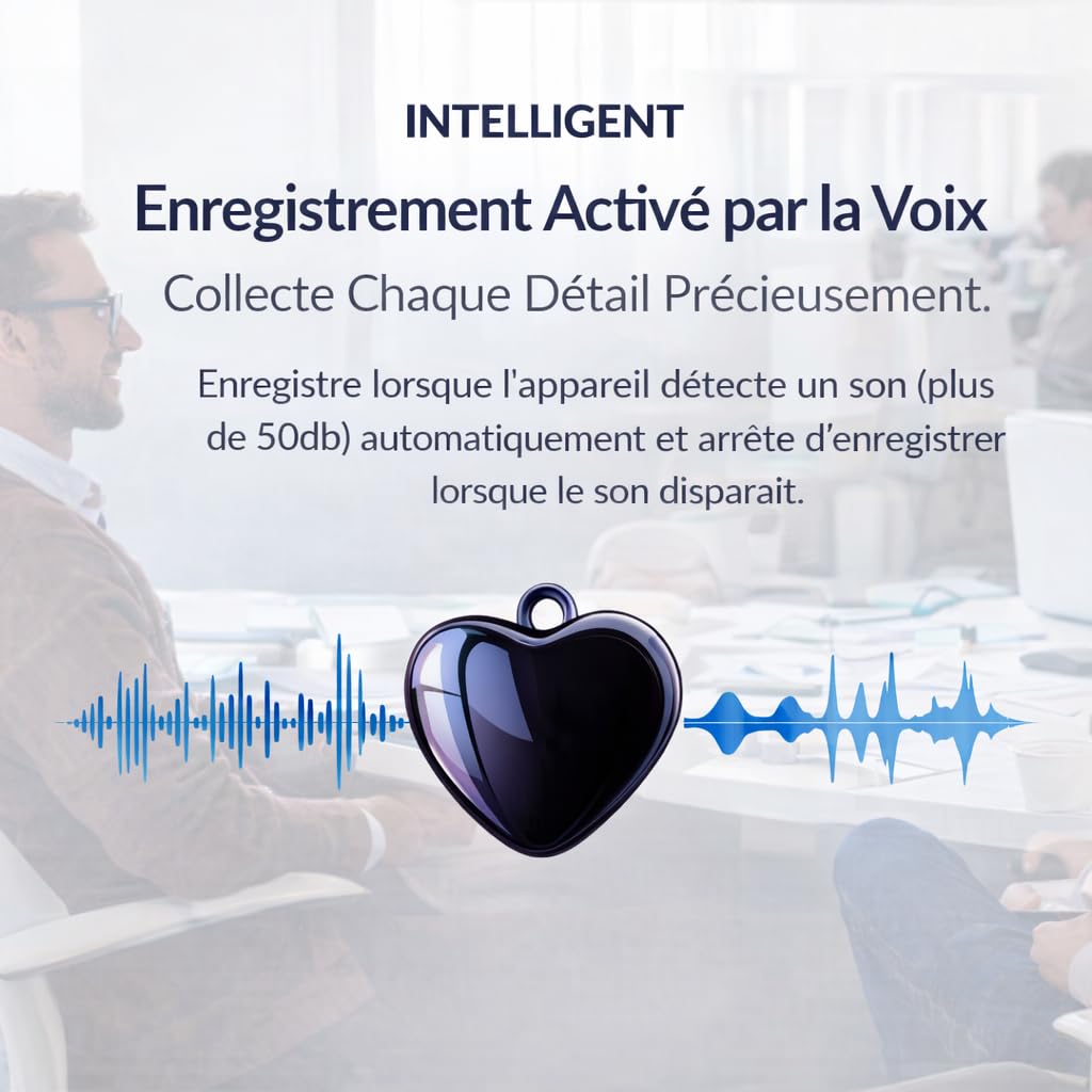 CleverTalk Heart Enregistreur Vocal avec IA | Activation Vocale | App Mobile, Mac, Windows et Web | Cloud Européen RGPD | 64GB | Audio HD 1536kbps | USB-C