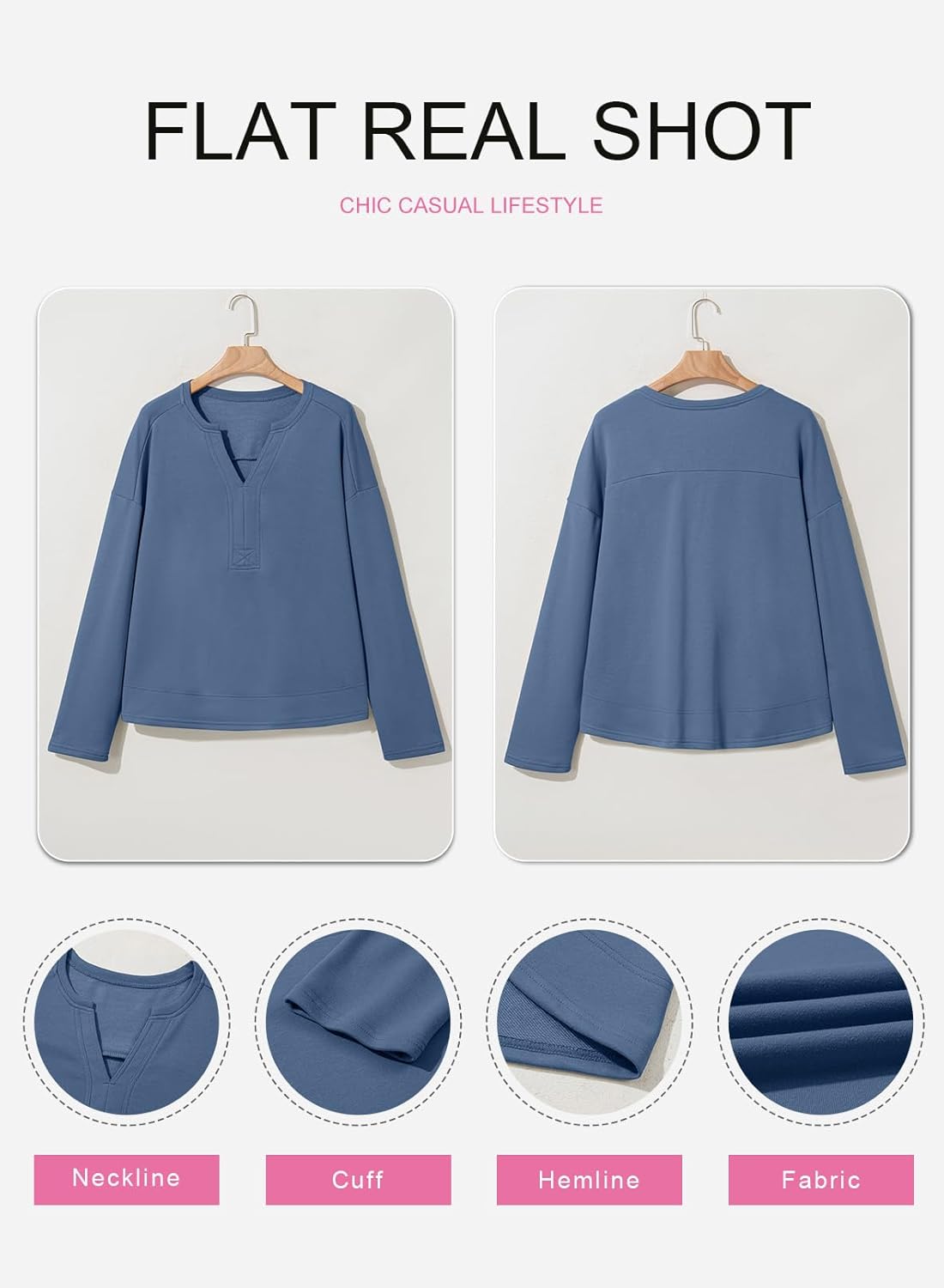 SHEWIN Womens Casual V Neck Sweatshirt Long Sleeve Lightweight Drop Shoulder Solid Pullover Tops - Image 5