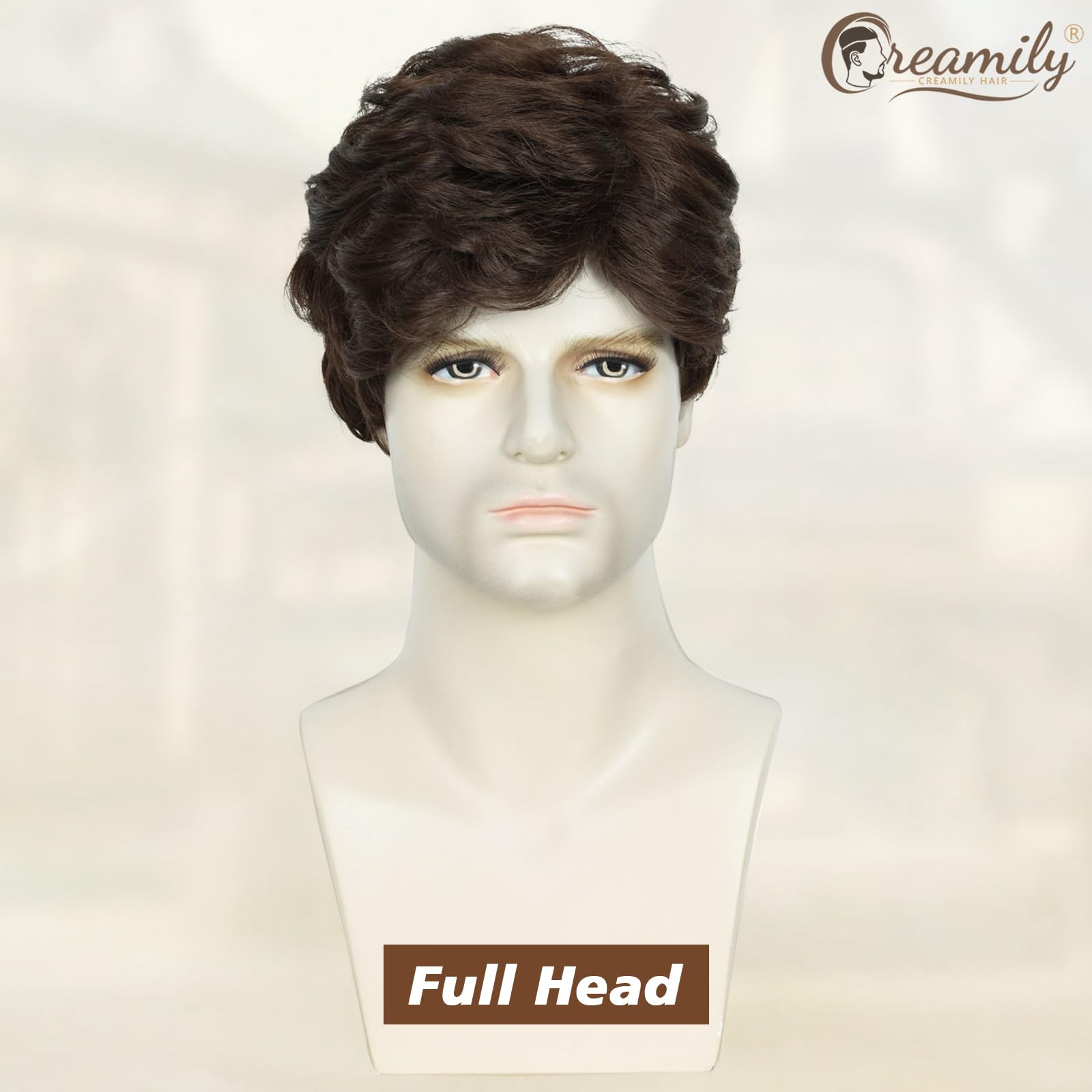 Creamily Mens Short Brown Wigs Short Hair Wig Mens Wigs Short Straight Hair Wig Synthetic Hair Full Wig, Brown-1, 22 inches - Image 2