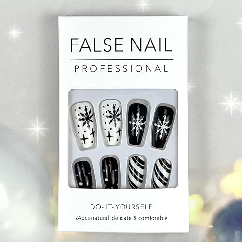 Miniatura 2 de Uñas a presión de copo de nieve medianas con diseño de ataúd negro y blanco elegantes líneas de copo de nieve para mujer uñas postizas de Navidad 24