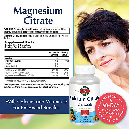 Kal® Calcium Citrate Chewable 500Mg W/ Magnesium & Vitamin D-3 | For Bones, Teeth, Nerve & Muscle Support | Natural Mixed Fruit Flavor | 60 Chewables #TOP2