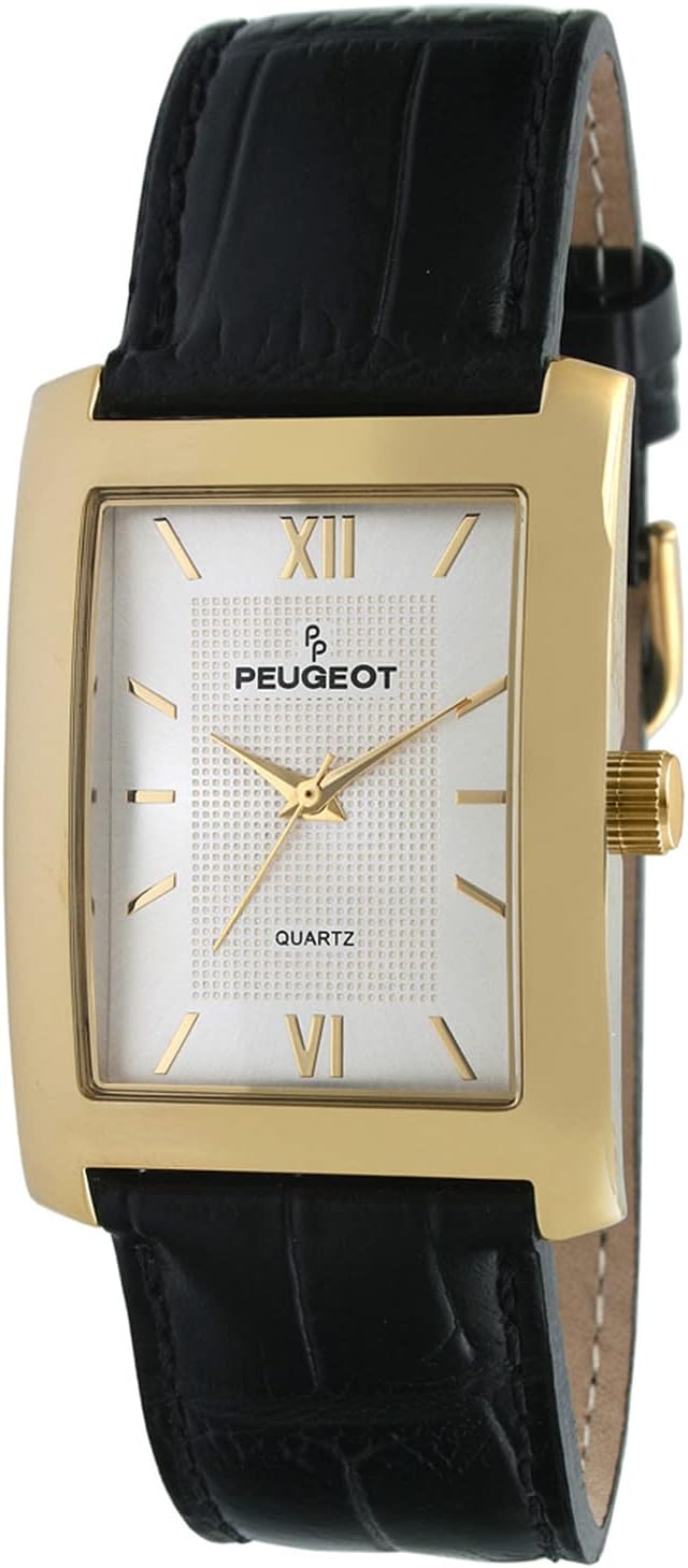 Peugeot Men's Rectangular Textured Roman Numeral Dial Classic Dress Wrist Watch with Leather Strap Band, Classic