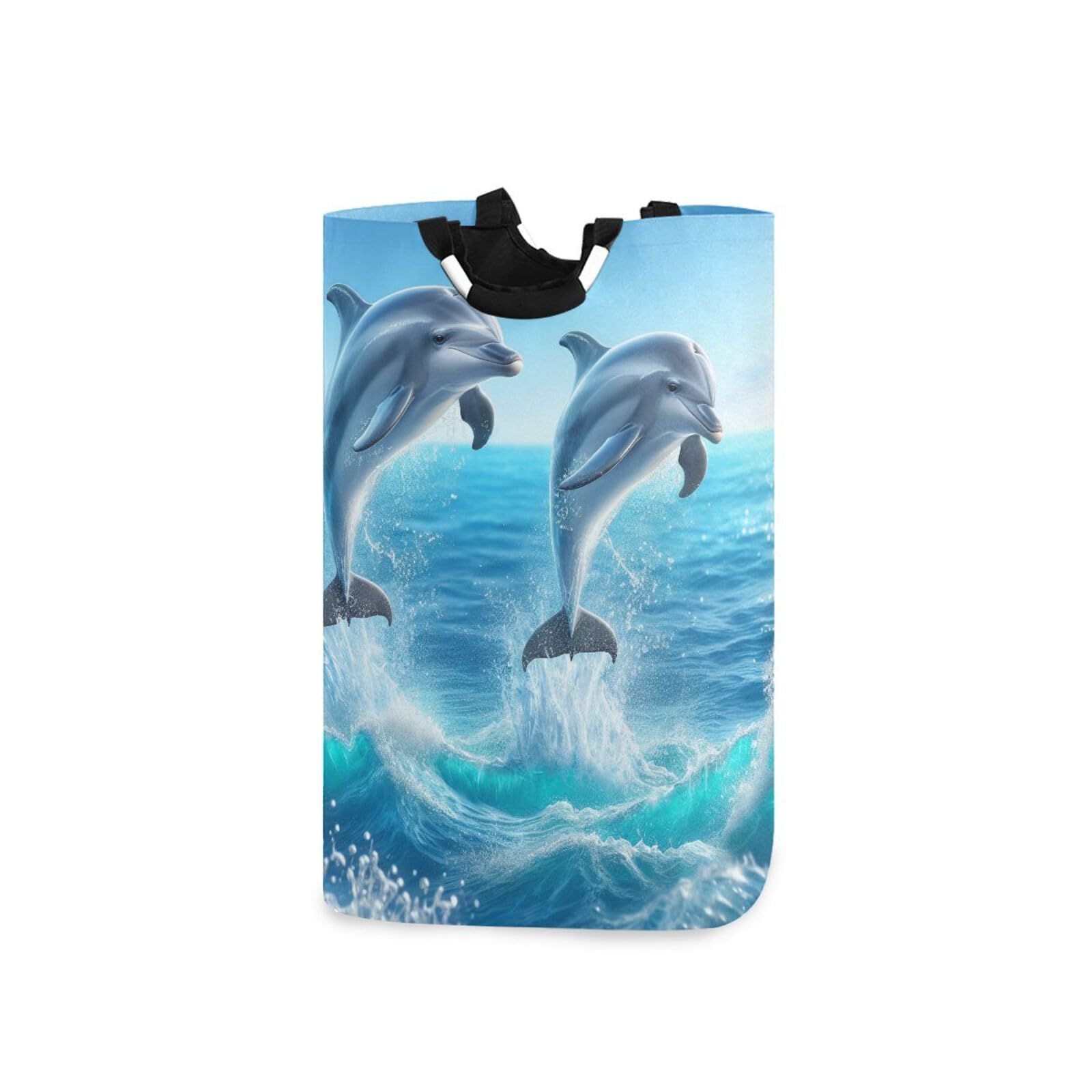 Jihqo Laundry Hamper Basket Sea Jumping Dolphins Collapsible Nursery Storage Bin Waterproof Clothing Baskets for Home Bedroom Bathroom Washing Room